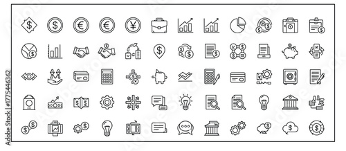 Finance icon set, business symbols, economic tools, currency signs, charts, calculator, briefcase, black and white line vector illustration