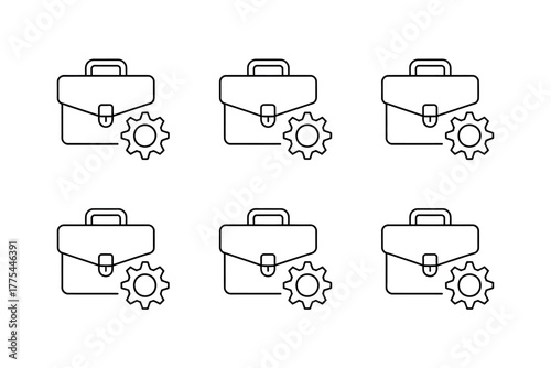 Set of six briefcase and gear icons symbolizing business operations and efficiency