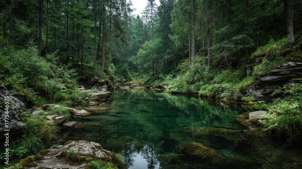 Fototapeta premium Tranquil forest scene river flowing through lush green landscape