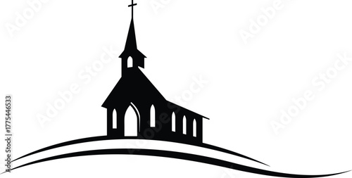 Church silhouette on rolling hill, steeple with cross, arched windows, rural spiritual landmark, community gathering, minimalist black vector illustration icon landscape vintage