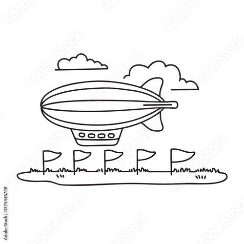 A zeppelin near a field marked with landing indicators