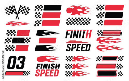 Racing Decal and Stripe Vector Illustration Pack,  Dynamic checkered flags, motion lines, and finish elements for race car graphics, motorsport design, and performance branding.