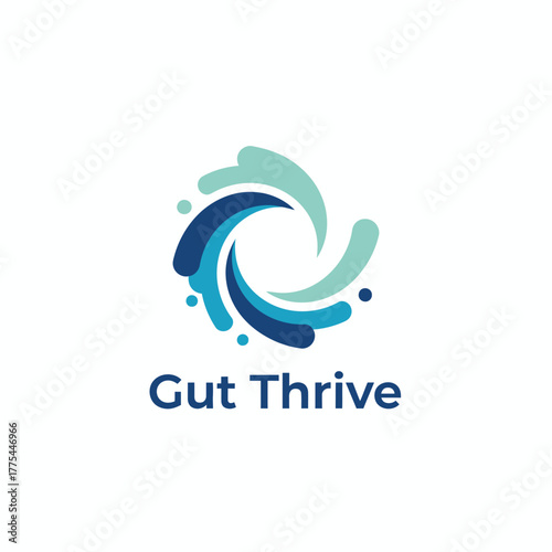 A clean logo with swirling blue shapes forming a circular motion, symbolizing balance, health, and vitality — reflecting Gut Thrive’s focus on wellness and growth.