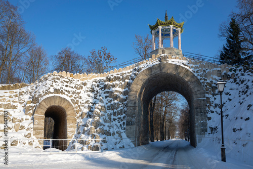 View on the ancient Bolshoy Kapriz Bridge on a winter morning. Tsarskoye Selo (Pushkin). Russia