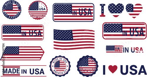 Made in USA graphics, patriotic emblem collection, American flag vector set, heart design illustration, cad drawing flat vector illustration, branding icons
