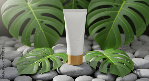 Cosmetic cream tube nestled amongst lush green monstera leaves and smooth river stones, embodying natural skincare and organic beauty
