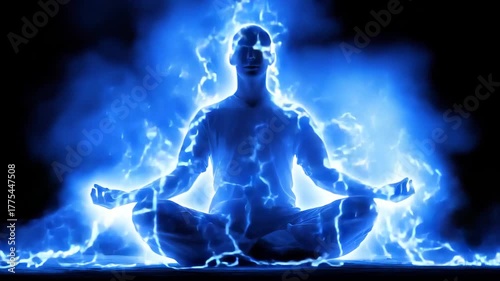 Yoga enlightenment with blue charges. Man silhouette in enlightened yoga meditation pose with charging blue electric charges swiping the body
