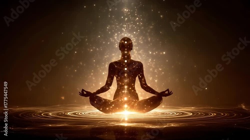 Yoga enlightenment with chackras. Man silhouette in enlightened yoga meditation pose with chackras symbols appearing in centers on the body with glowing auras