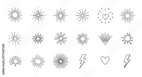 Line surprise icon element set. Hand drawn line sun bursts, cartoon star sparkles, and playful surprise rays with comic starburst and whimsical sunshine comic effect elements. Vector illustration
