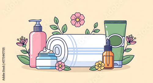 Spa Day Essentials Illustration of Skincare Products and Flowers