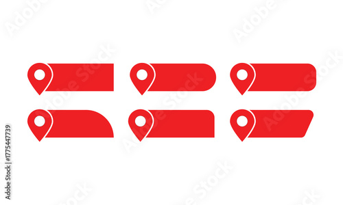 Set of red location pin labels with different rounded and angled shapes on a white background. Modern GPS navigation icons for map markers, geolocation tags, or travel design templates.