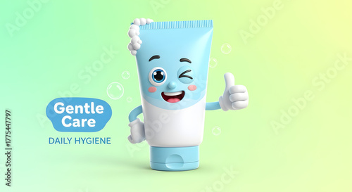 Charming 3D cartoon cream tube character winking and giving a thumbs up, symbolizing gentle daily hygiene and fresh skincare