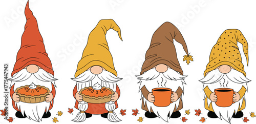 Autumn cartoon gnomes vector—pumpkin pie, coffee mugs, festive hats, fall leaves, cozy Thanksgiving harvest celebration illustration