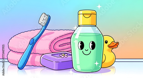 Bathroom Essentials Cartoon Illustration of Bath Products for Hygiene and Self-Care