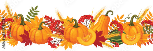 Autumn harvest vector—pumpkins, pumpkin halves, wheat stalks, berries, colorful fall leaves, seasonal decor for Thanksgiving and nature themes