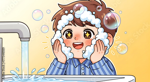 Boy Washing Face with Sparkling Eyes Cartoon Illustration of Morning Hygiene