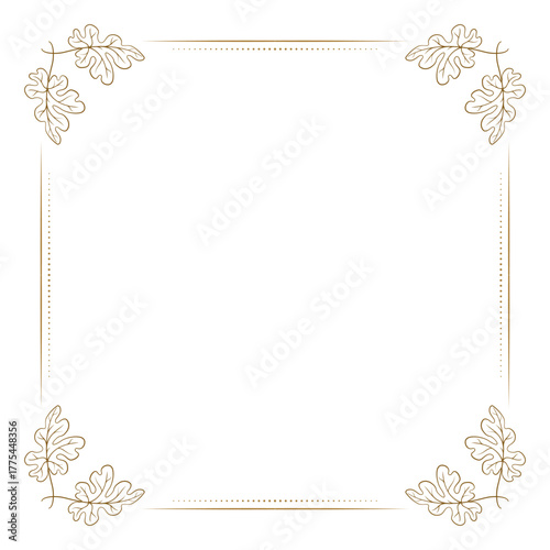 Ornate oak leaf symmetrical frame in gold. Decorative botanical border for refined stationery and elegant projects