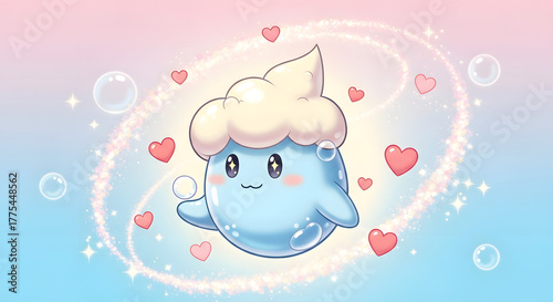 Cute blue bubble character with hearts and sparkles, whimsical and dreamy illustration