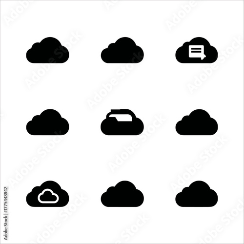 Collection of nine black cloud storage and data icons on a
