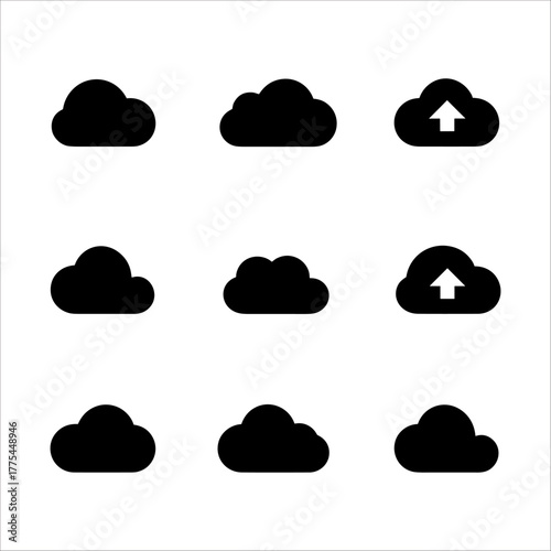Collection of nine black cloud icons on a, including upload symbols