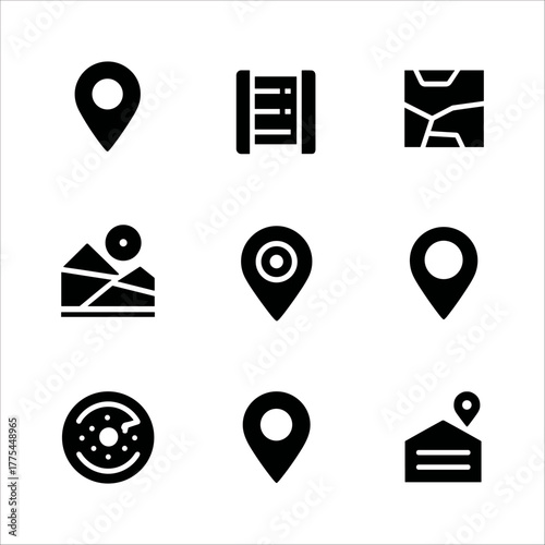 Assortment of nine black map pin and map icons on a