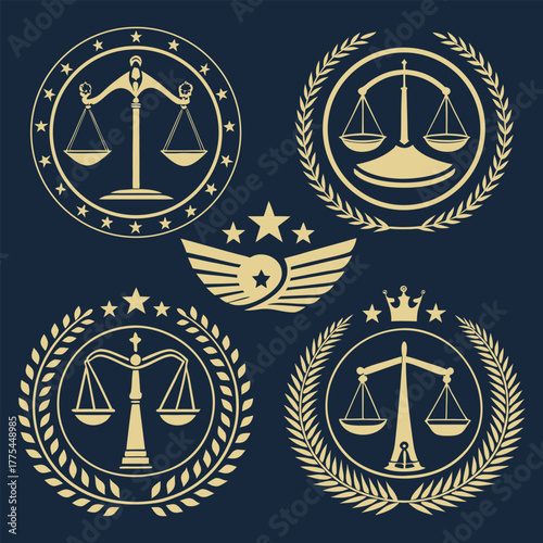 Scales of justice and law emblems set on dark background art