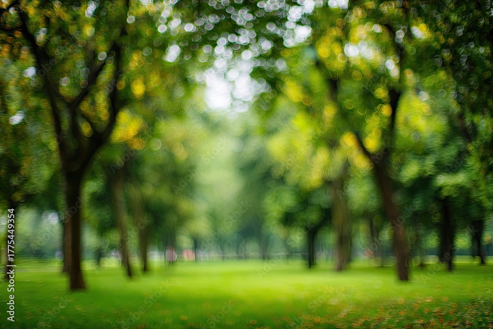 Naklejka premium Dreamy, soft-focus view of sun-dappled trees and green grassy park setting