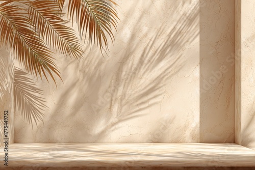 Empty beige stage with palm leaves, shadows, and natural light