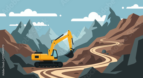 Vector illustration of an excavator building a mountain road.