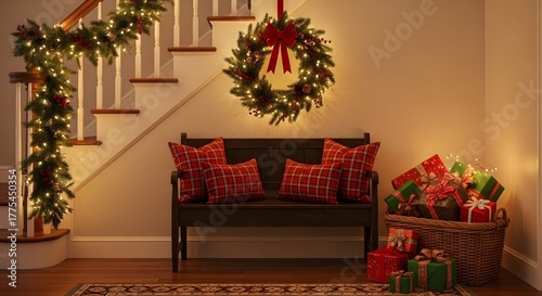 Festive christmas entryway with wreath, garland, gifts, and cozy decorations