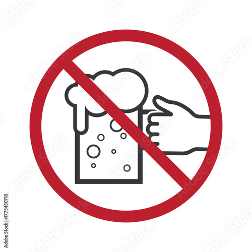 Isolated prohibition sign pictogram of a hand holding a beer glass, symbolizing no alcohol, restriction, party, and safety awareness.