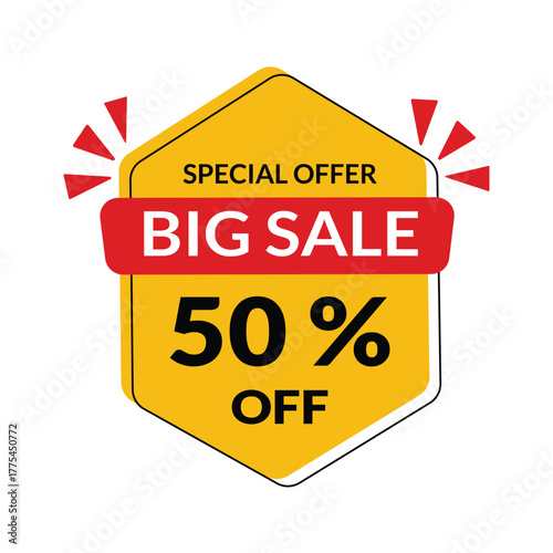 Big sale fifty percent off promotional sticker design. Special offer discount tag for retail advertising and marketing vector