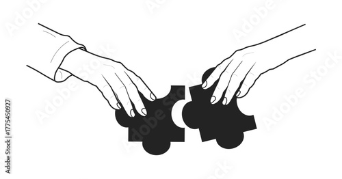 Isolated line art illustration of two hands connecting puzzle pieces, symbolizing teamwork, unity, collaboration, partnership, idea, and creative solution.