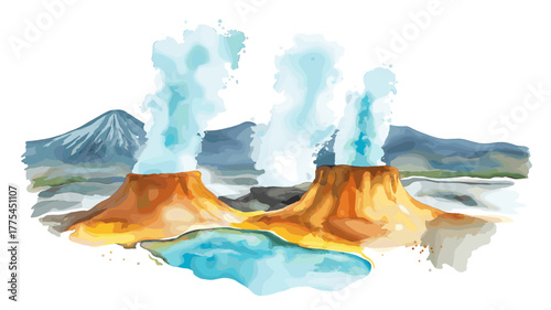 El Tatio Geysers. El Tatio Geysers hand drawn watercolor illustration