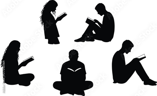 Diverse silhouettes reading books together in tranquil poses, cross-legged and seated readers, standing reader, intergenerational book lovers, quiet study and shared learning