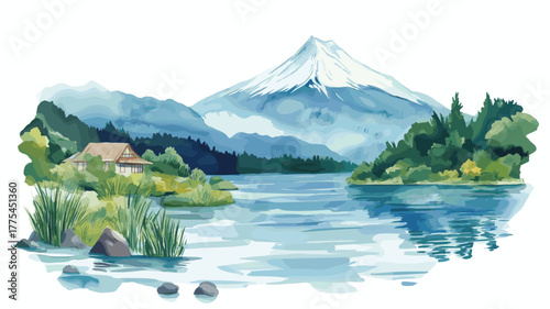 Lake District - Villarrica. Lake District - Villarrica hand drawn watercolor illustration