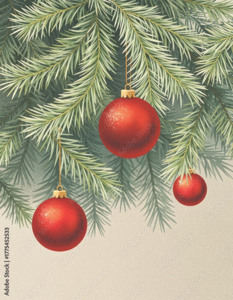 Obraz premium Red Christmas ornaments hanging from evergreen branches, creating a festive atmosphere