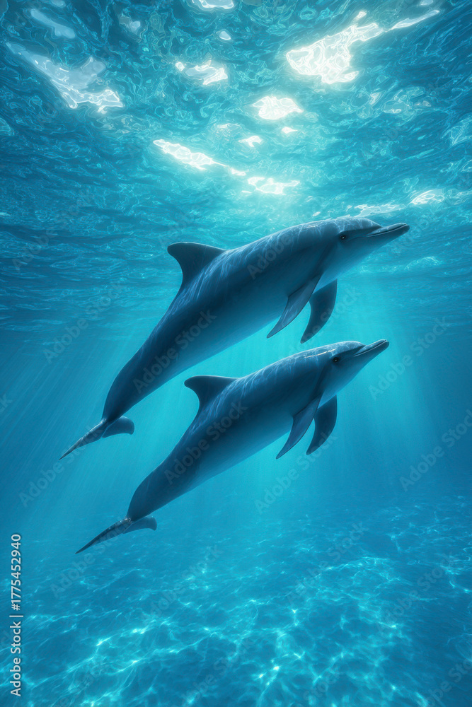 Obraz premium Two dolphins swim in the deep ocean, sunlight shimmering above the surface.