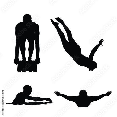 Set of Swimmer Silhouettes including Diving, Starting Block, Butterfly Stroke, and Aquatic Sport Action