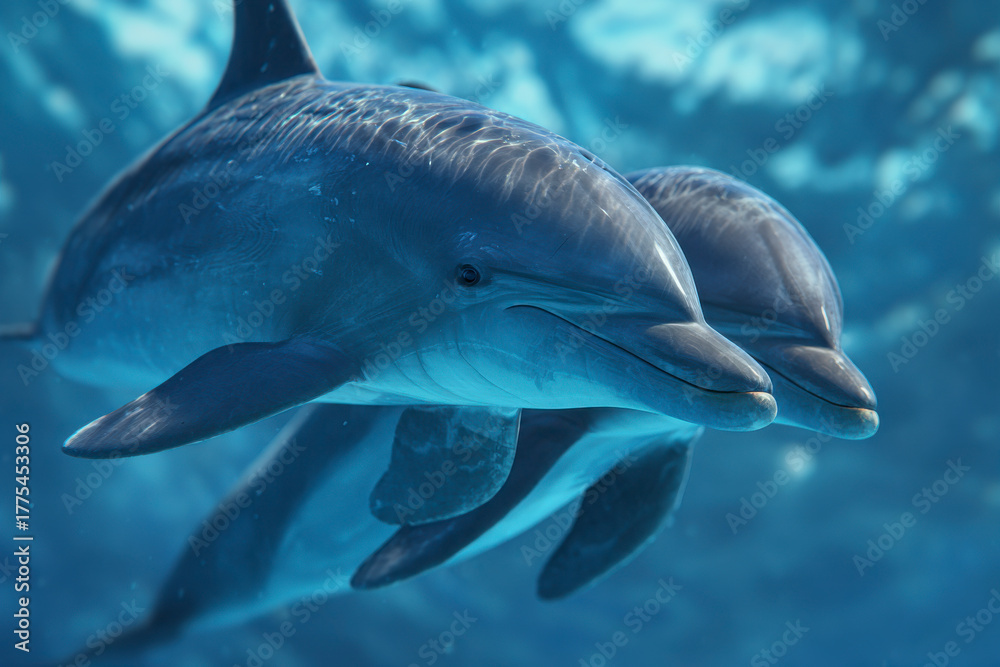 Fototapeta premium Two dolphins swim through the ocean, enjoying the beautiful underwater scene.