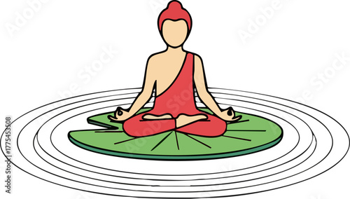 A simplified of Buddha meditating on a lotus pad.