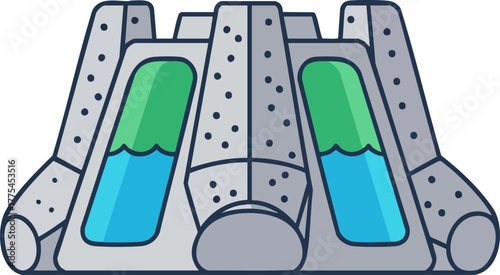 An of a large, grey inflatable water slide with green slides and blue water.