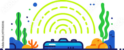 A futuristic device emitting signals underwater with plants.