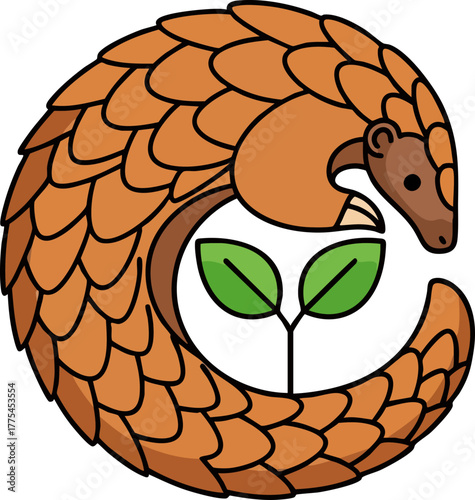 A pangolin curls around two green leaves, symbolizing nature and conservation.