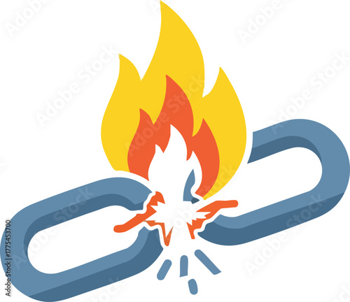 A broken chain link engulfed in flames, symbolizing failure or danger.