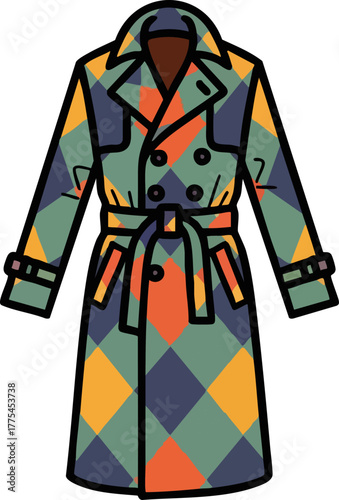 A of a colorful patterned trench coat.