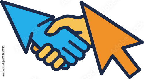 Icon of a handshake with cursors on a white background.