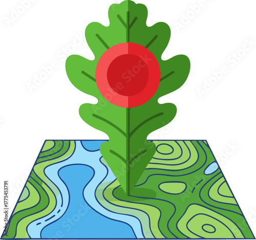 Stylized map with a leaf-shaped marker, indicating a location.