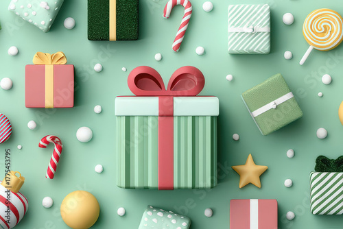 Festive Christmas gifts and decorations on a pastel green background
