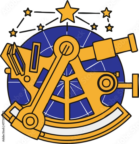 A golden tant is superimposed on a blue celestial globe with stars.